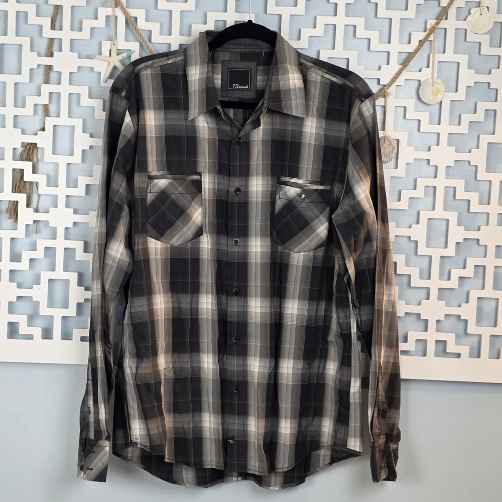 7 Diamonds Afterglow Mens XL Black Grey Plaid Button Down Shirt